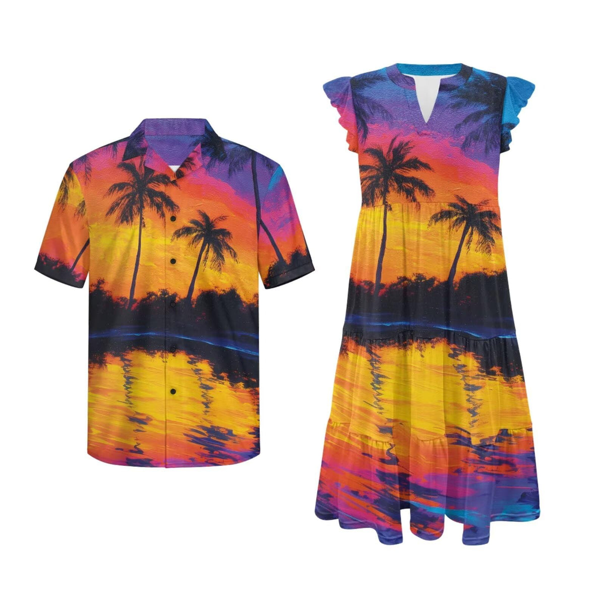 His and Hers Matching Hawaiian Outfits Mens Button Down Shirt Flowy Tiered Midi Dress