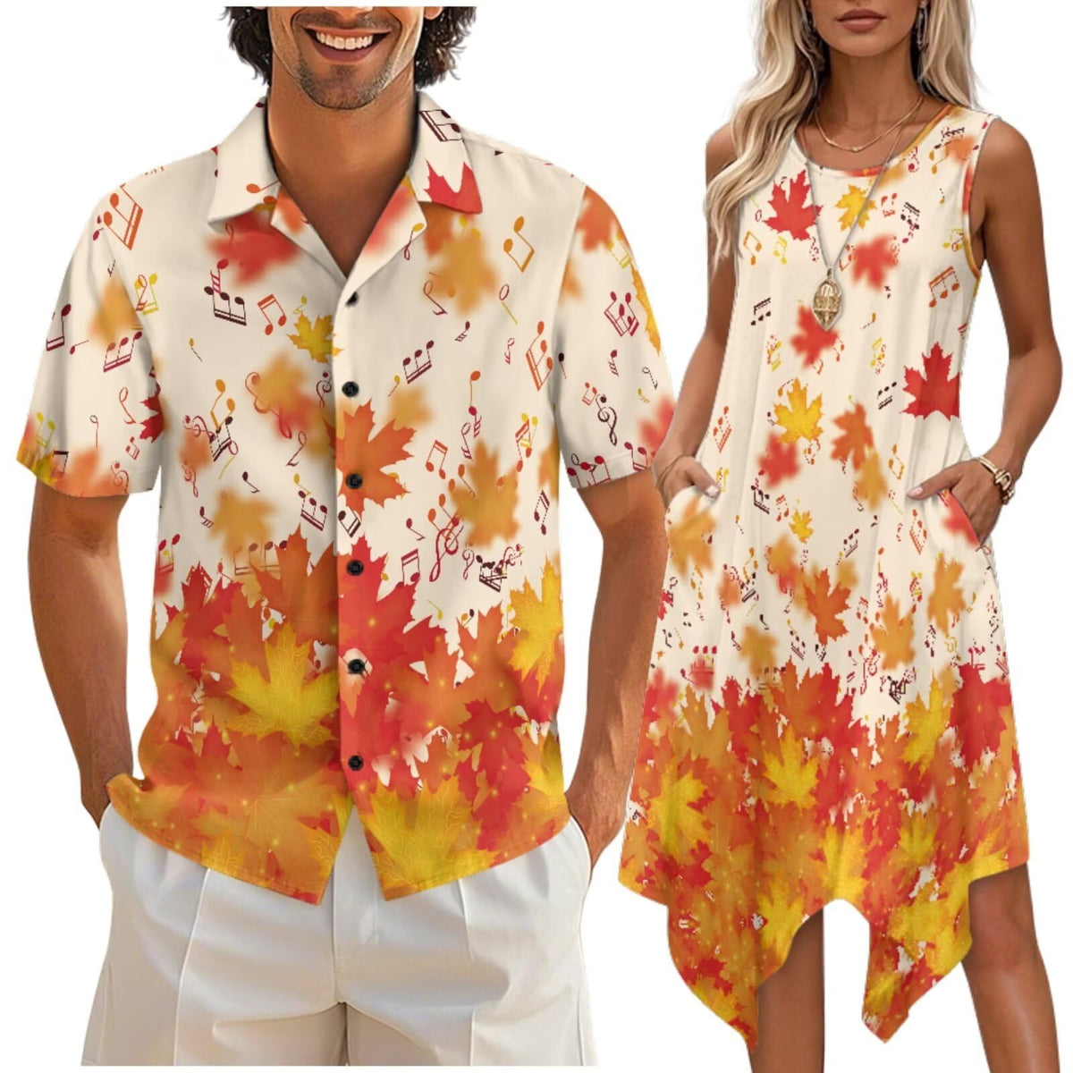 doginthehole Matching Hawaiian Outfits for Couples Men's Button Down Shirt Sleeveless Sundresses Summer Dress for Women