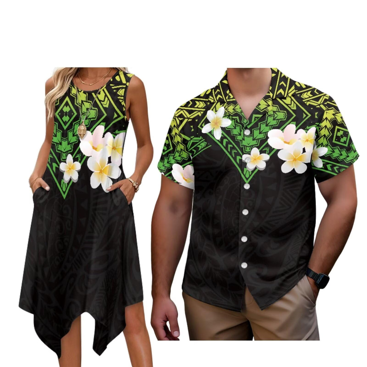 Matching Hawaiian Outfits for Couples Womens Asymmetrical Midi Dress Mens Beach Shirts Short Sleeve Button Up Shirt