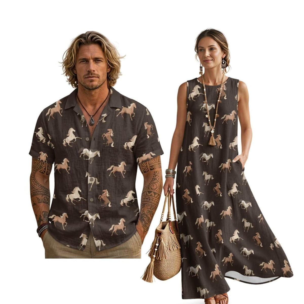Women's Summer Dresses Sleeveless Sundresses, Men's Button Down Short Sleeve Shirts, Linen Couple Matching Outfits