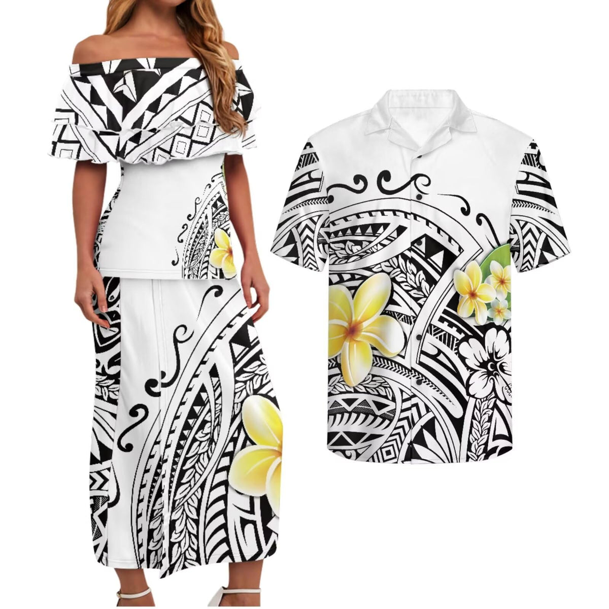 Polynesian Couples Matching Outfits Short Sleeve Puletsai Samoan Traditional Dress & Man Shirts