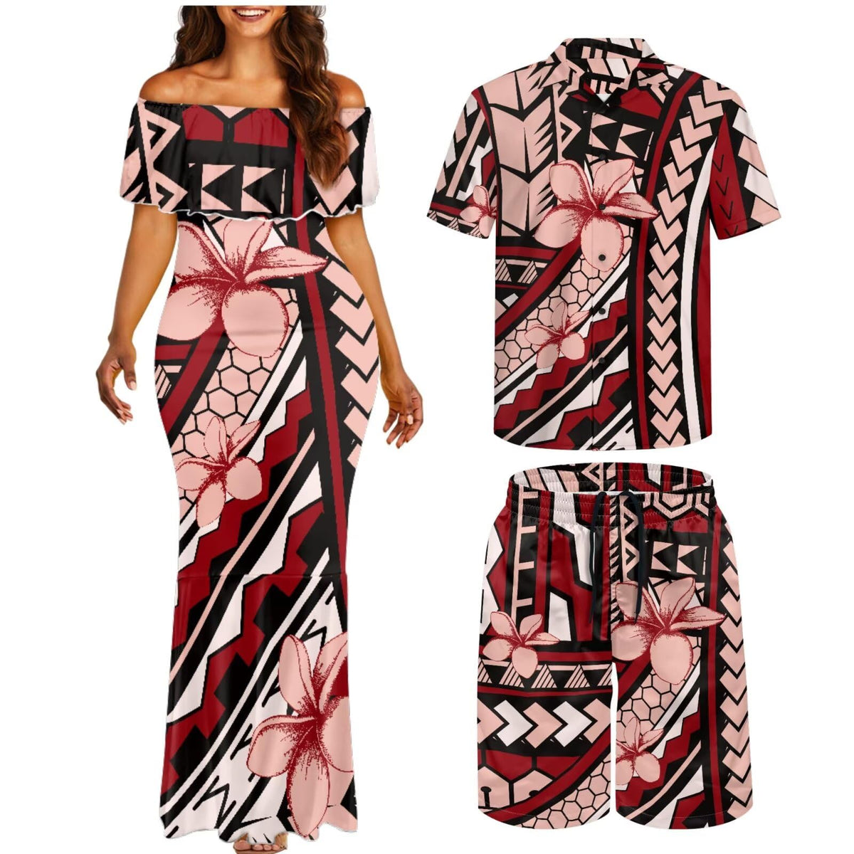 Matchable Couple Hawaiian Polynesian Puletasi Samoa Womens Dress with Mens Shirt and Mens Shorts Couple Set