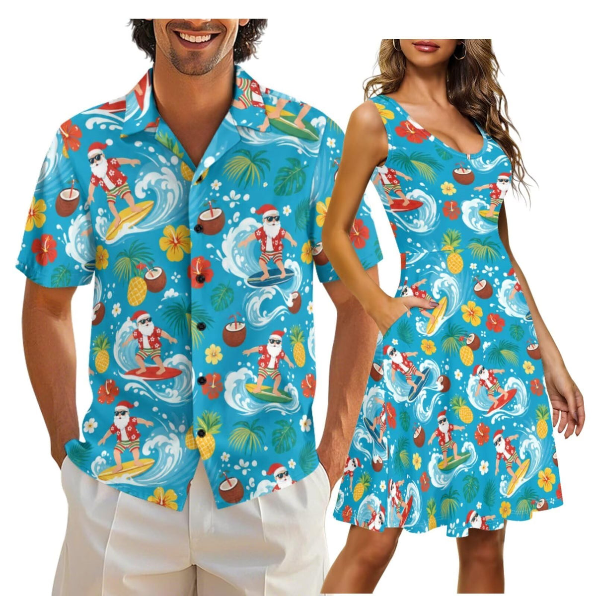 Cozeyat Matching Hawaiian Outfits for Couples Mens Button Up Polos Shirt and Women Sleeveless Sundress with Pockets