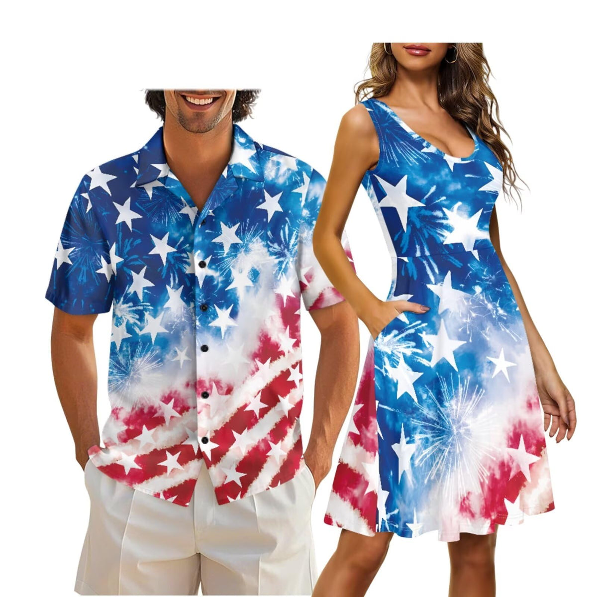 Cozeyat Independence Day Matching Outfits for Couples Mens Short Sleeve Button Down Shirts Womens Sleeveless Dress