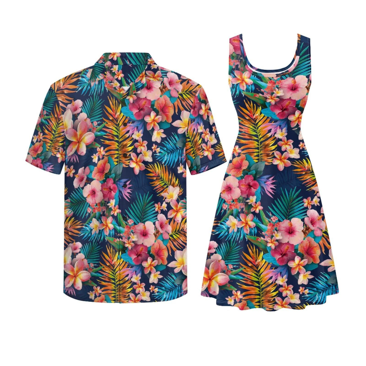 Gomyblomy Matching Hawaiian Outfits for Couples Vacation Tropical Floral Women Dress Mens Shirts His and Hers Clothing