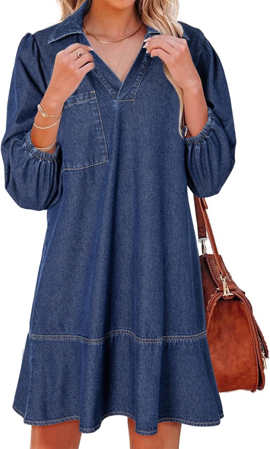 Dokotoo Denim Dress for Women Fall 3/4 Puff Sleeve Babydoll Jean Dress