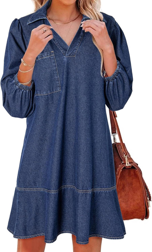 Dokotoo Denim Dress for Women Fall 3/4 Puff Sleeve Babydoll Jean Dress