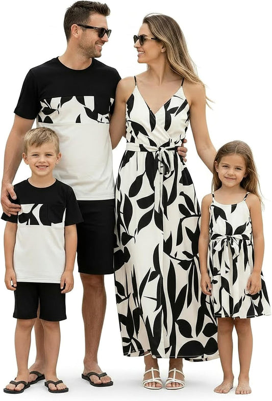 PATPAT Family Matching Outfits Mommy and Me Dresses Hawaiian Tropical Vacation Beach Spaghetti Strap Dress and Shirt