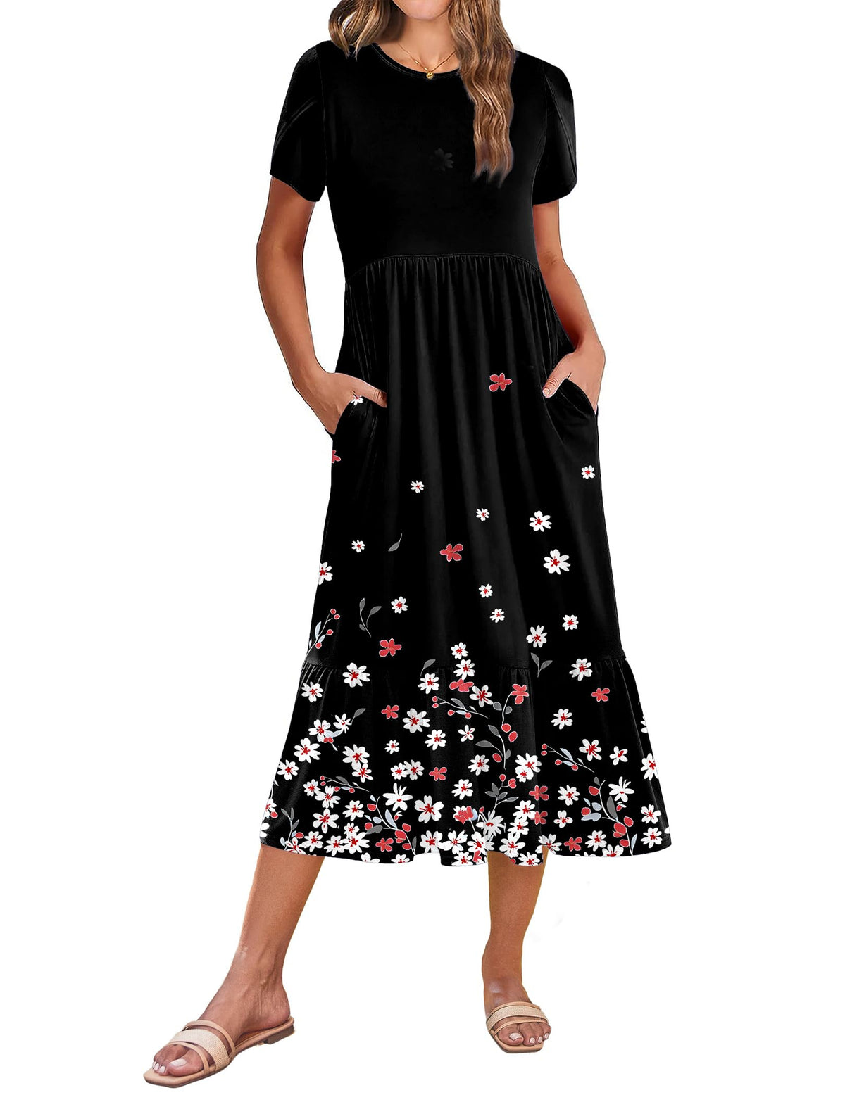 Zeagoo Women Summer Midi A Line Dress Short Sleeve Casual Flowy Tiered Beach Long Sundress with Pockets 2026 Vacation Travel