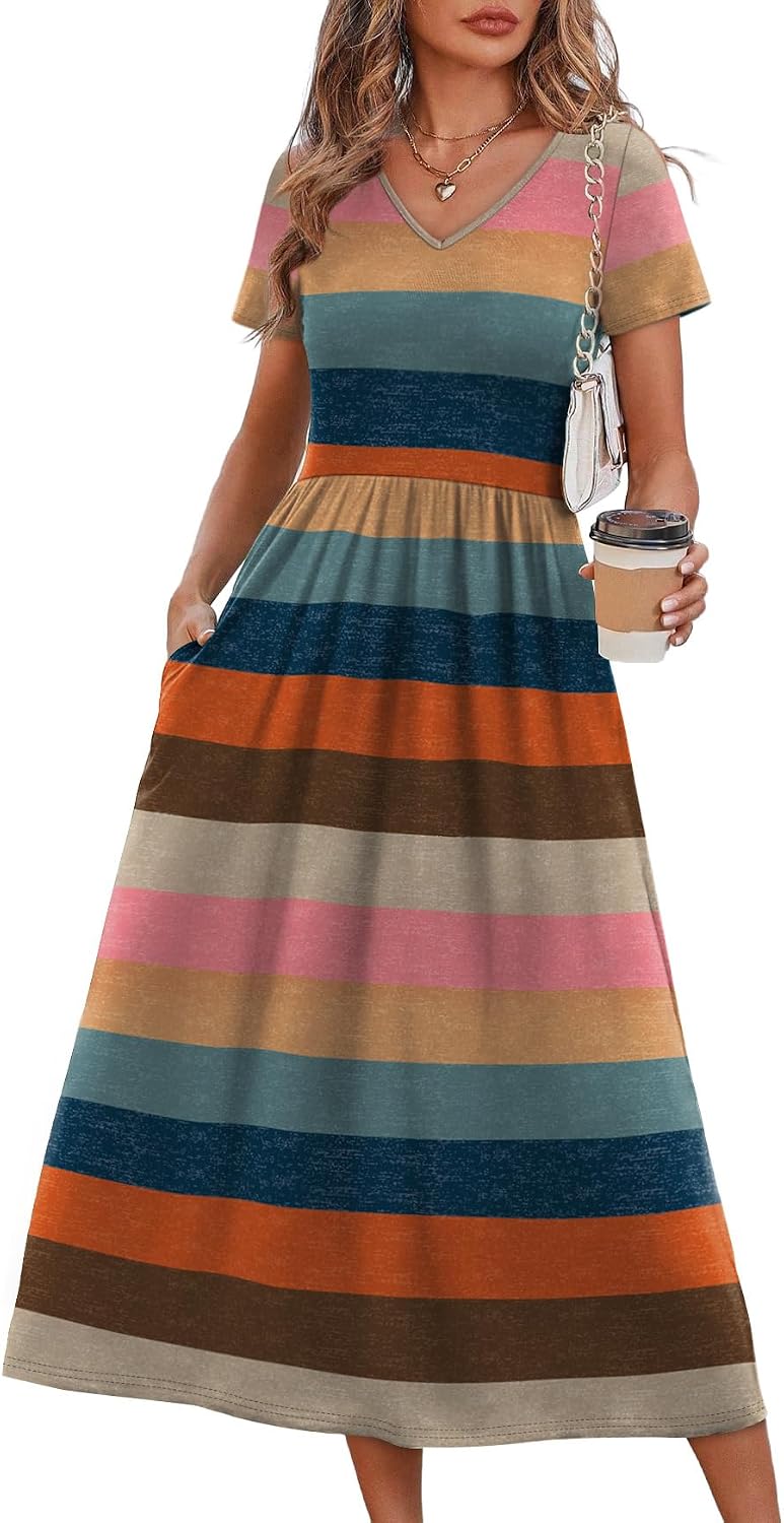 OFEEFAN Summer Dresses for Women Flowy Casual A-Line Midi Dress Beach Vacation Sundresses with Pockets S-2XL