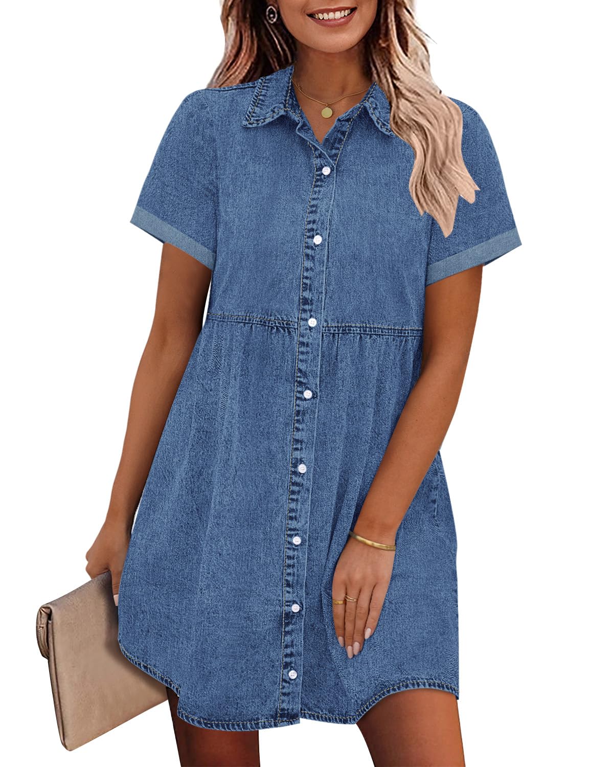 GRAPENT Denim Dress for Women Babydoll Tiered Short Sleeve Button Down Jean Shirt Dresses