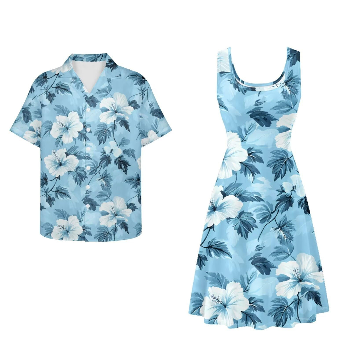 Dreaweet Summer Dresses for Women A-Line Sleeveless Flowy Sun Dresses,Men's Casual Button-Down Shirts,Couple Matching Outfits