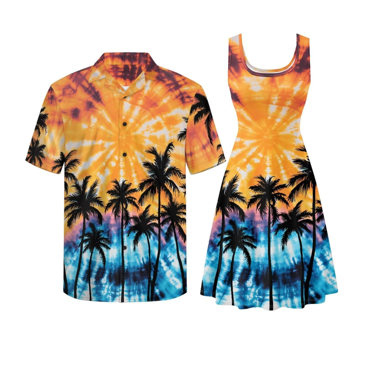 Gomyblomy Matching Hawaiian Outfits for Couples Vacation Tropical Floral Women Dress Mens Shirts His and Hers Clothing