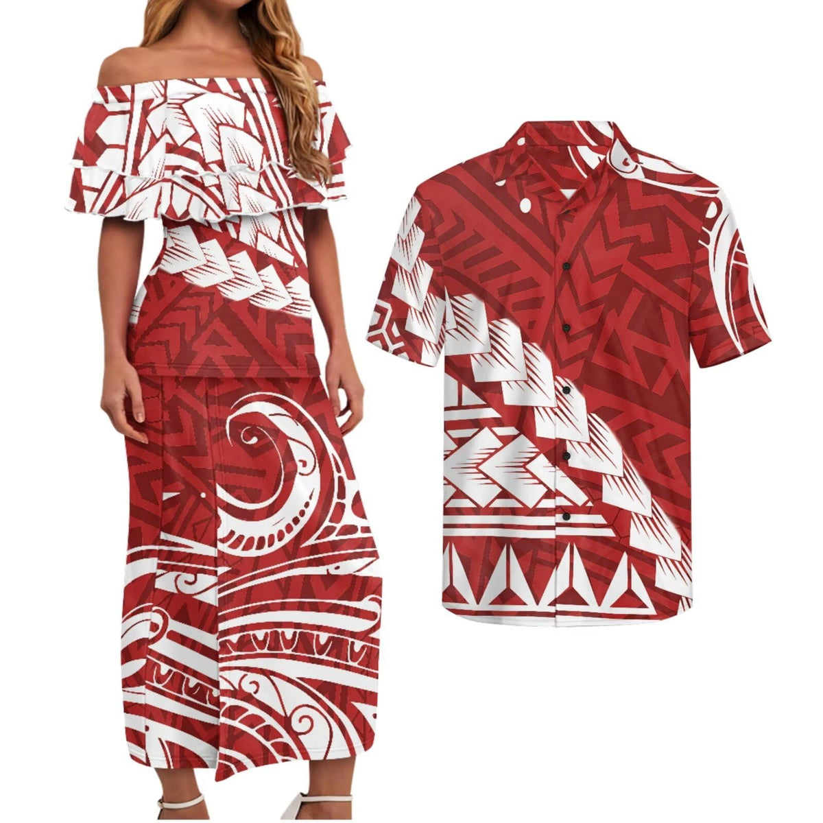 Polynesian Couples Matching Outfits Short Sleeve Puletsai Samoan Traditional Dress & Man Shirts
