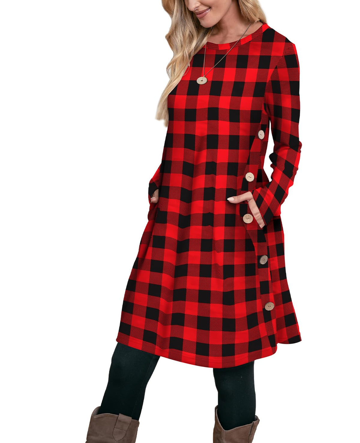 OFEEFAN Fall Dresses for Women 2026 Crew Neck Long Sleeve Dress with Pockets