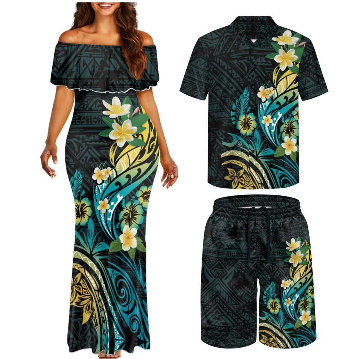 Matchable Couple Hawaiian Polynesian Puletasi Samoa Womens Dress with Mens Shirt and Mens Shorts Couple Set