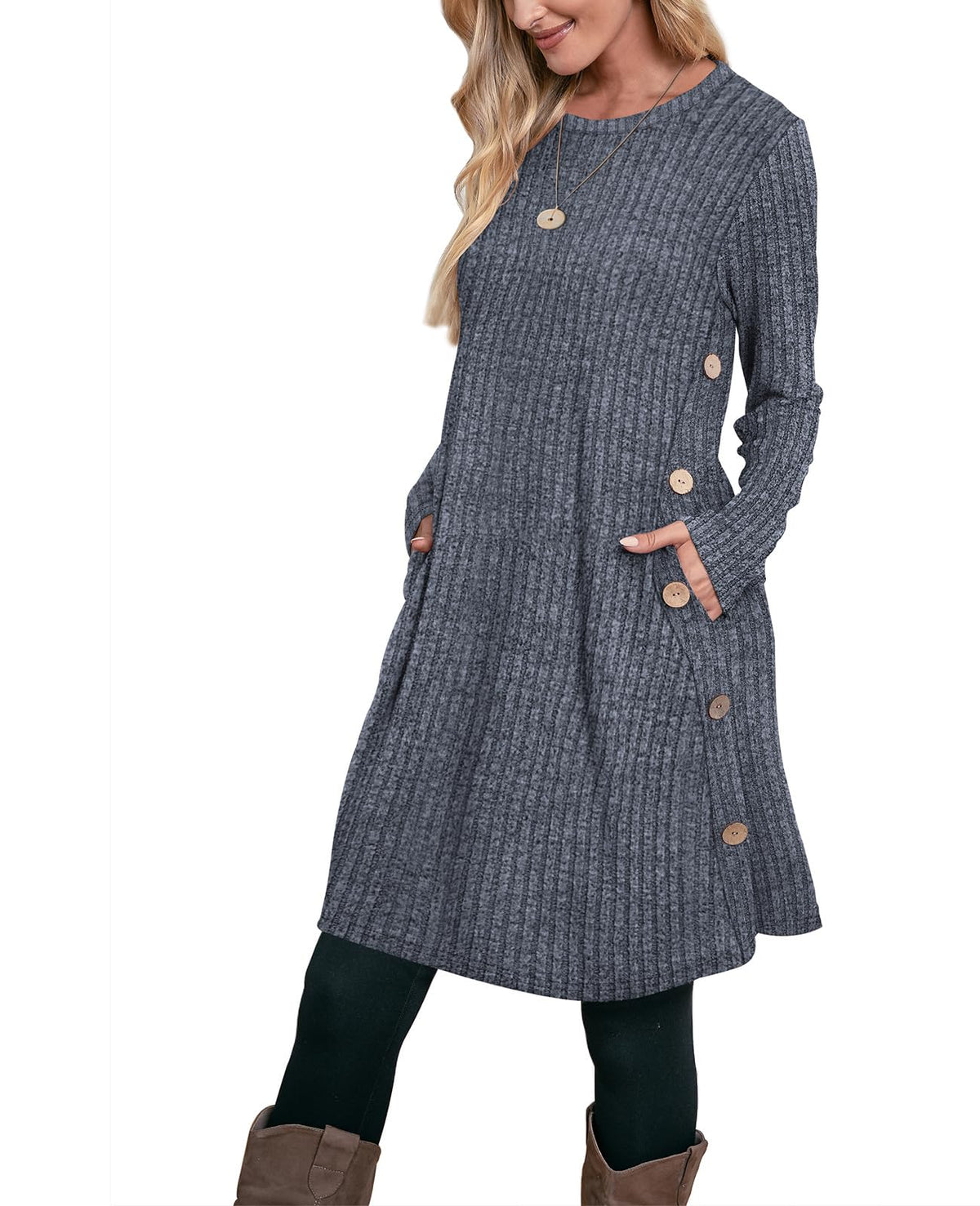 OFEEFAN Fall Dresses for Women 2026 Crew Neck Long Sleeve Dress with Pockets