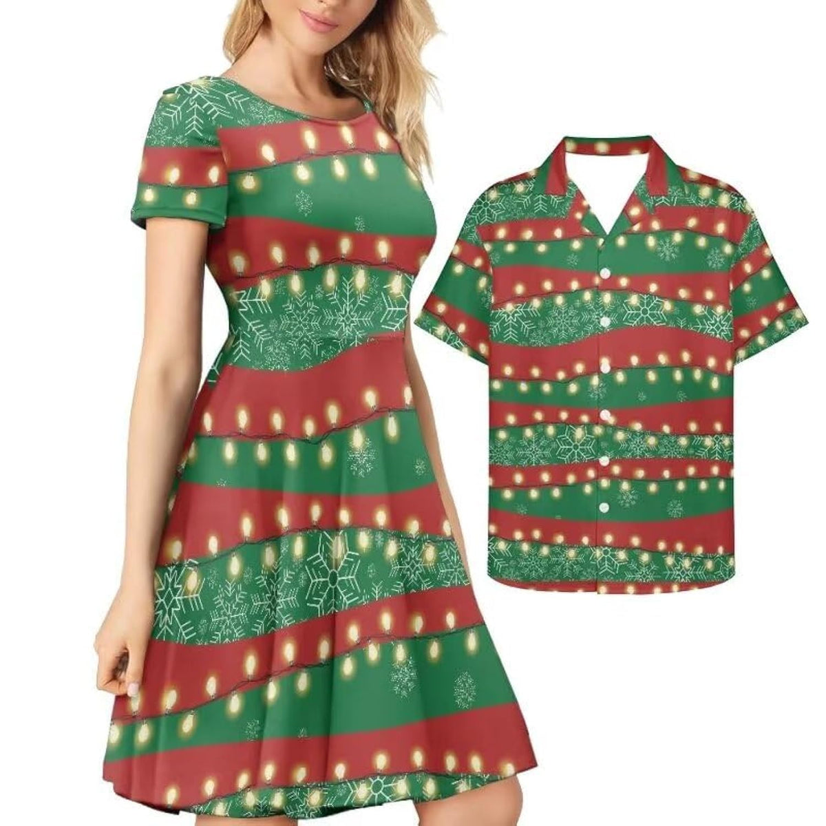 AmzPrint Couple Christmas Shirt and Dress Womens Elegant Short Sleeve Round Neck Cocktail Party Green Xmas Swing Dress