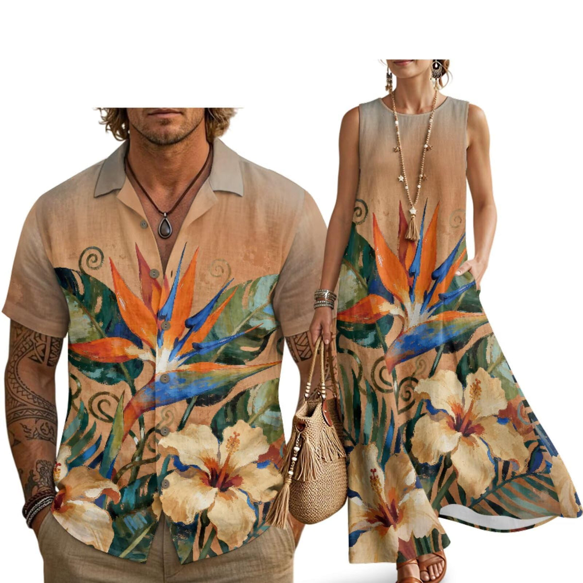 Husband and Wife Clothes Linen Casual Shirt for Men Maxi Dress for Women Summer Dress Matching Vacation Clothes