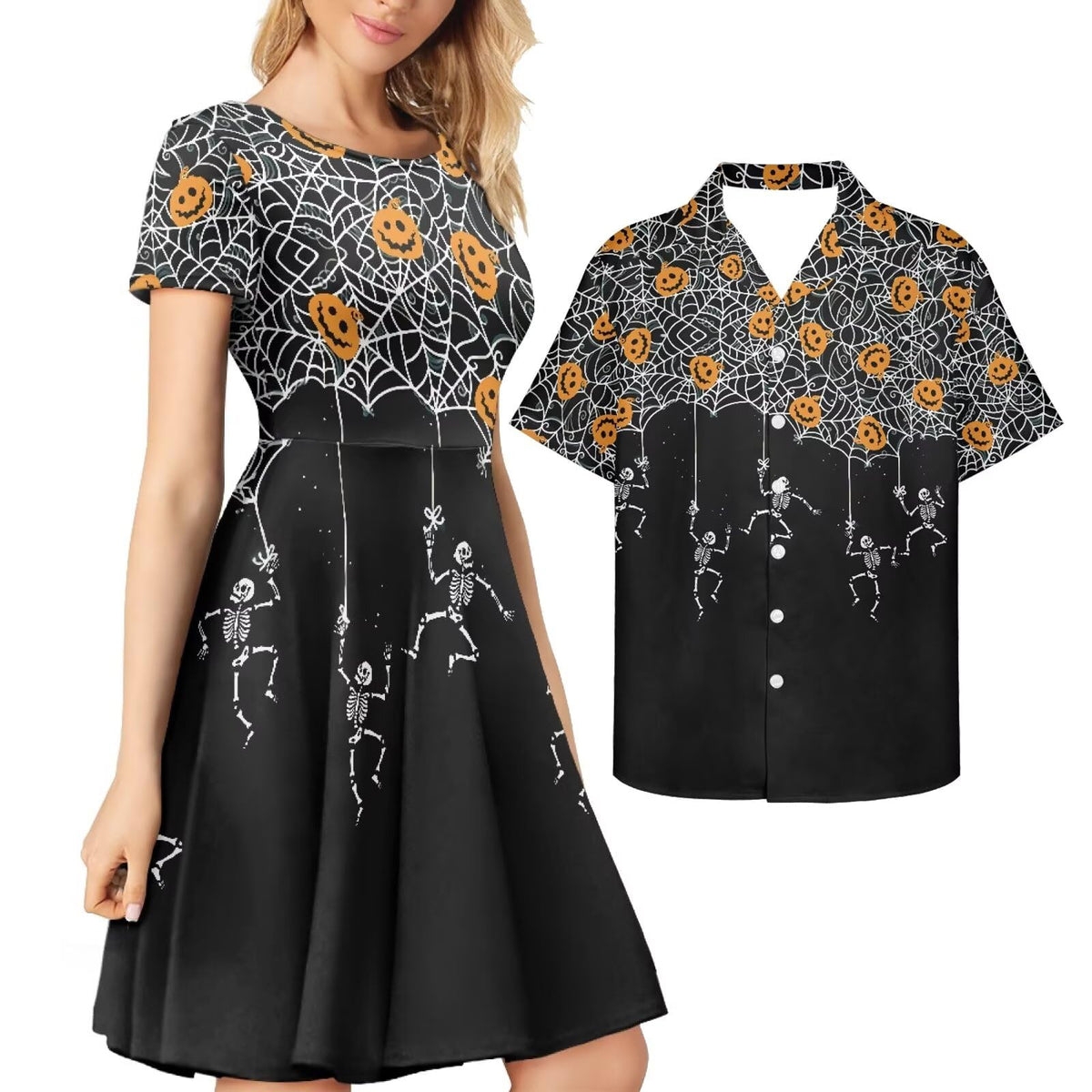 AmzPrint Couple Christmas Shirt and Dress Womens Elegant Short Sleeve Round Neck Cocktail Party Green Xmas Swing Dress