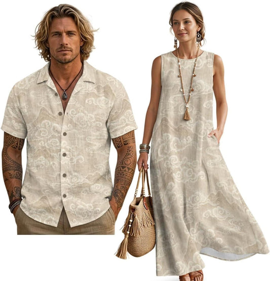 Women's Summer Dresses Sleeveless Sundresses, Men's Button Down Short Sleeve Shirts, Linen Couple Matching Outfits