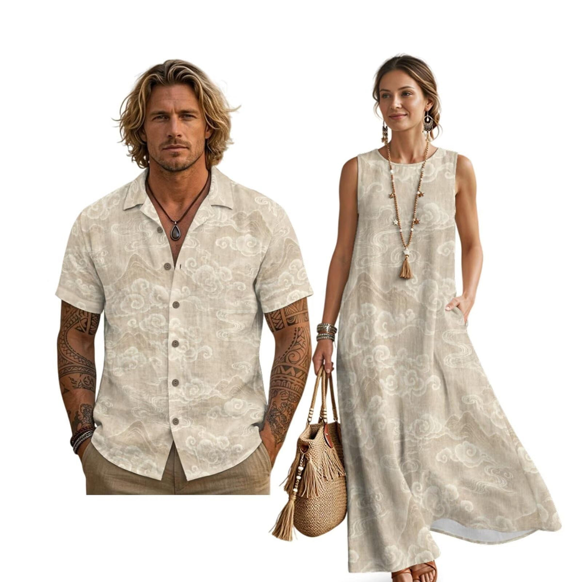 Women's Summer Dresses Sleeveless Sundresses, Men's Button Down Short Sleeve Shirts, Linen Couple Matching Outfits