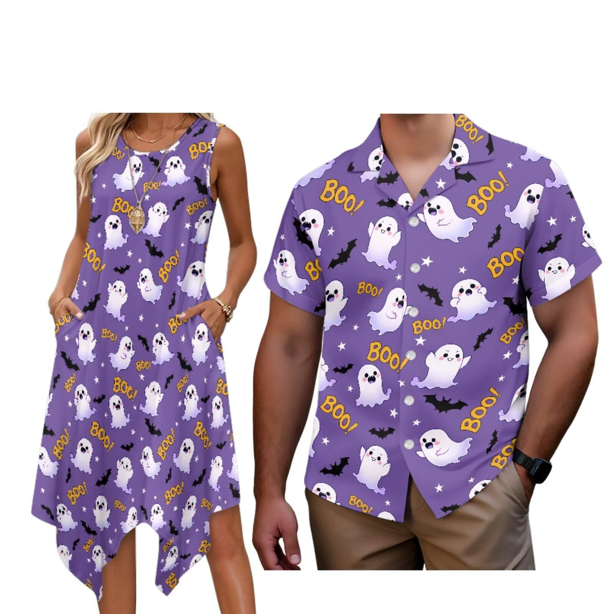 Matching Hawaiian Outfits for Couples Womens Asymmetrical Midi Dress Mens Beach Shirts Short Sleeve Button Up Shirt