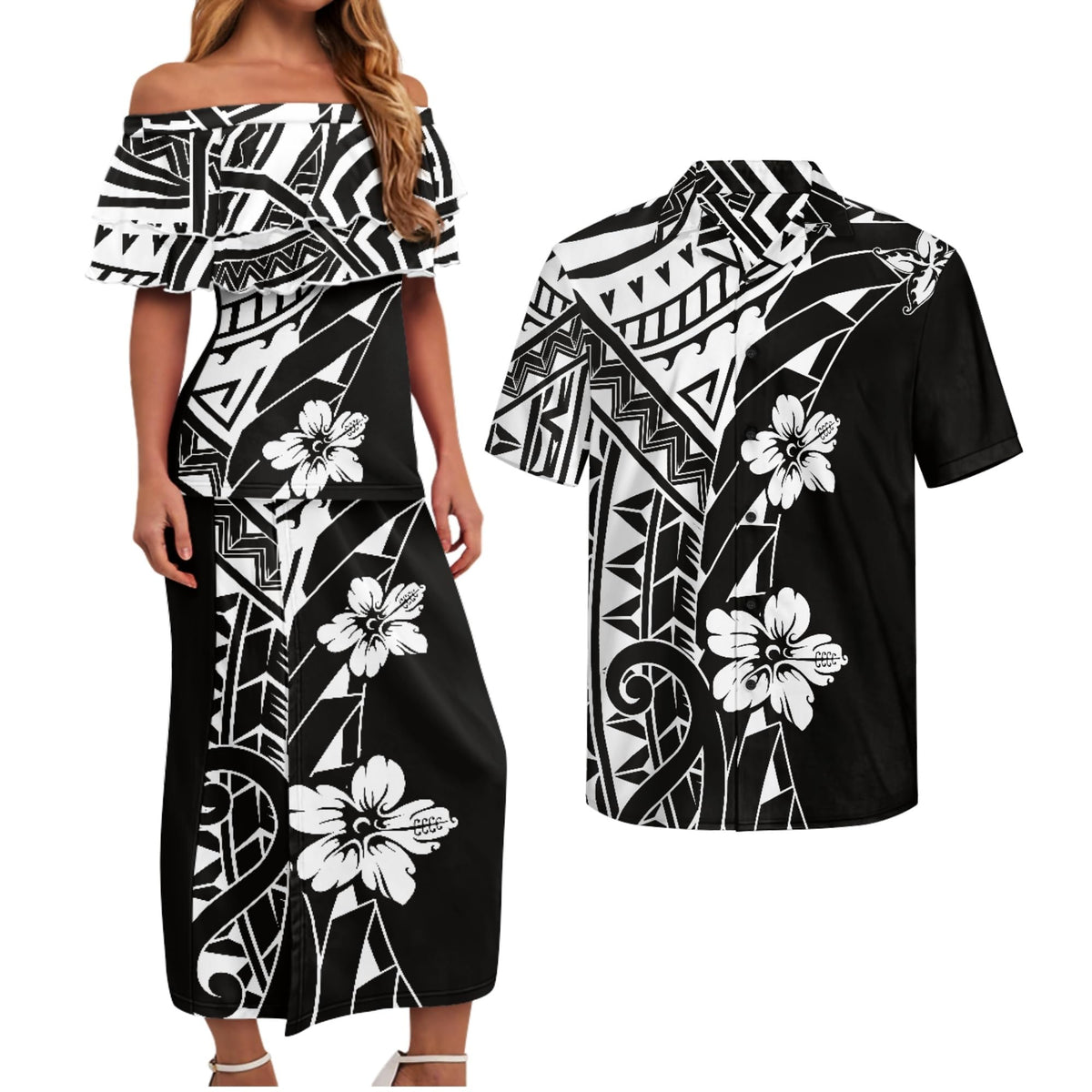Polynesian Couples Matching Outfits Short Sleeve Puletsai Samoan Traditional Dress & Man Shirts