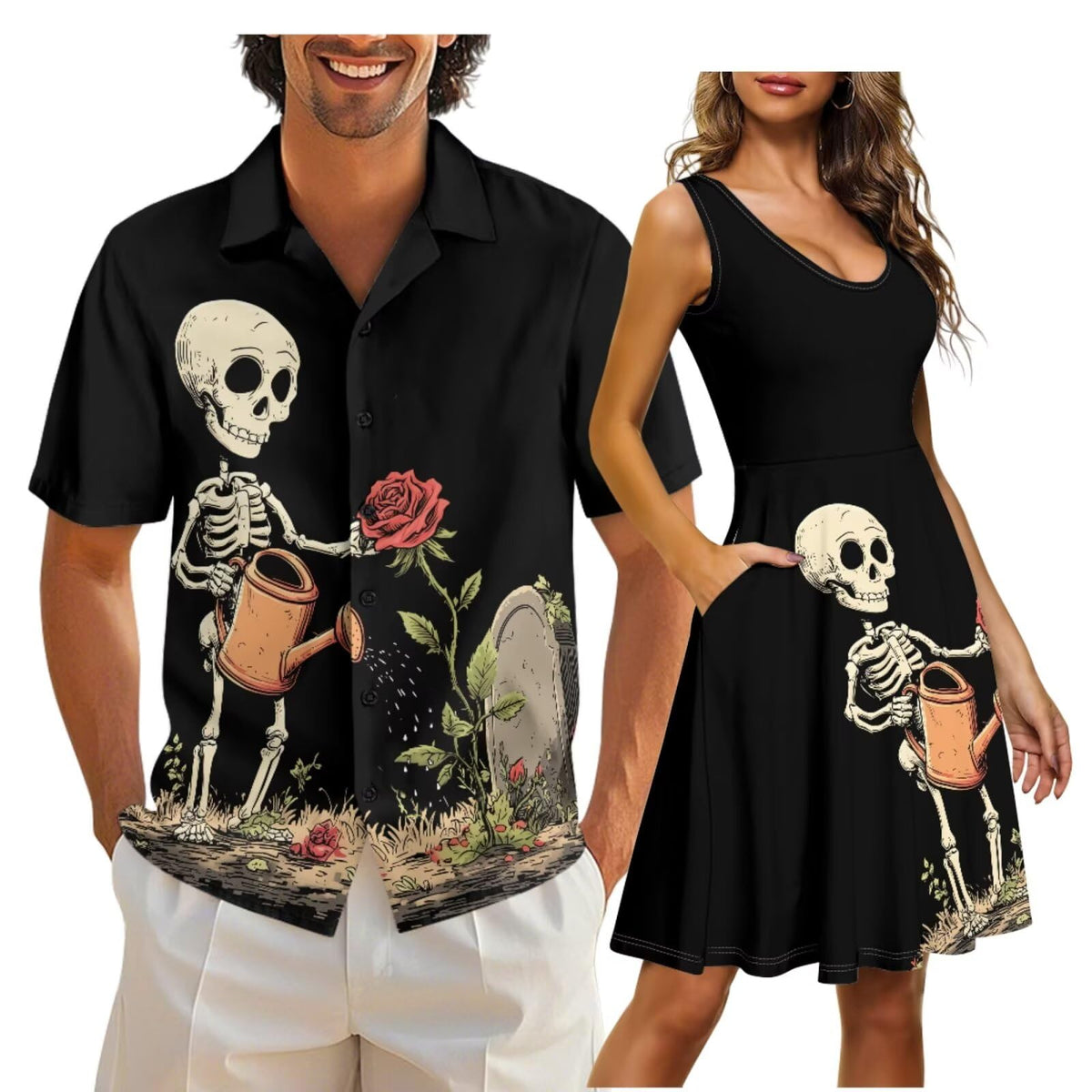 Cozeyat Matching Hawaiian Outfits for Couples Mens Button Up Polos Shirt and Women Sleeveless Sundress with Pockets