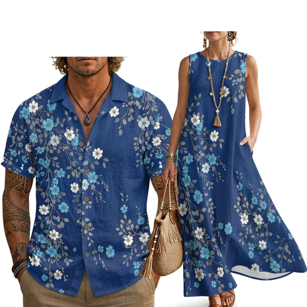 Husband and Wife Clothes Linen Casual Shirt for Men Maxi Dress for Women Summer Dress Matching Vacation Clothes