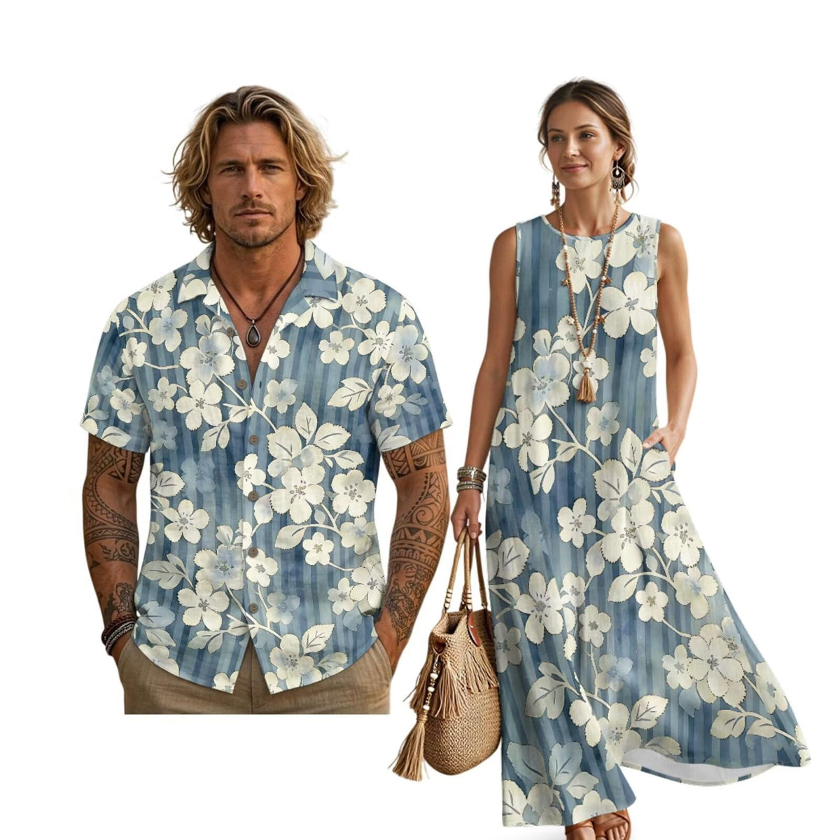 Women's Summer Dresses Sleeveless Sundresses, Men's Button Down Short Sleeve Shirts, Linen Couple Matching Outfits