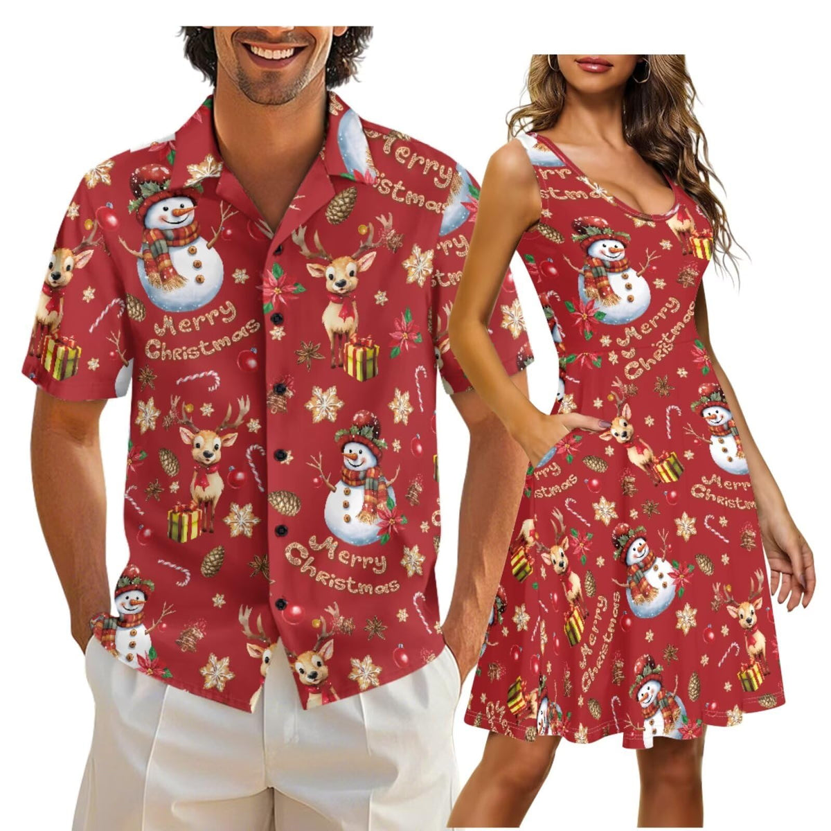 Cozeyat Matching Hawaiian Outfits for Couples Mens Button Up Polos Shirt and Women Sleeveless Sundress with Pockets