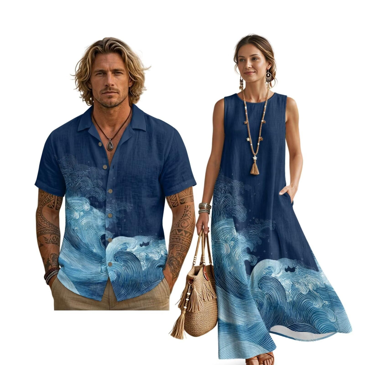 Women's Summer Dresses Sleeveless Sundresses, Men's Button Down Short Sleeve Shirts, Linen Couple Matching Outfits