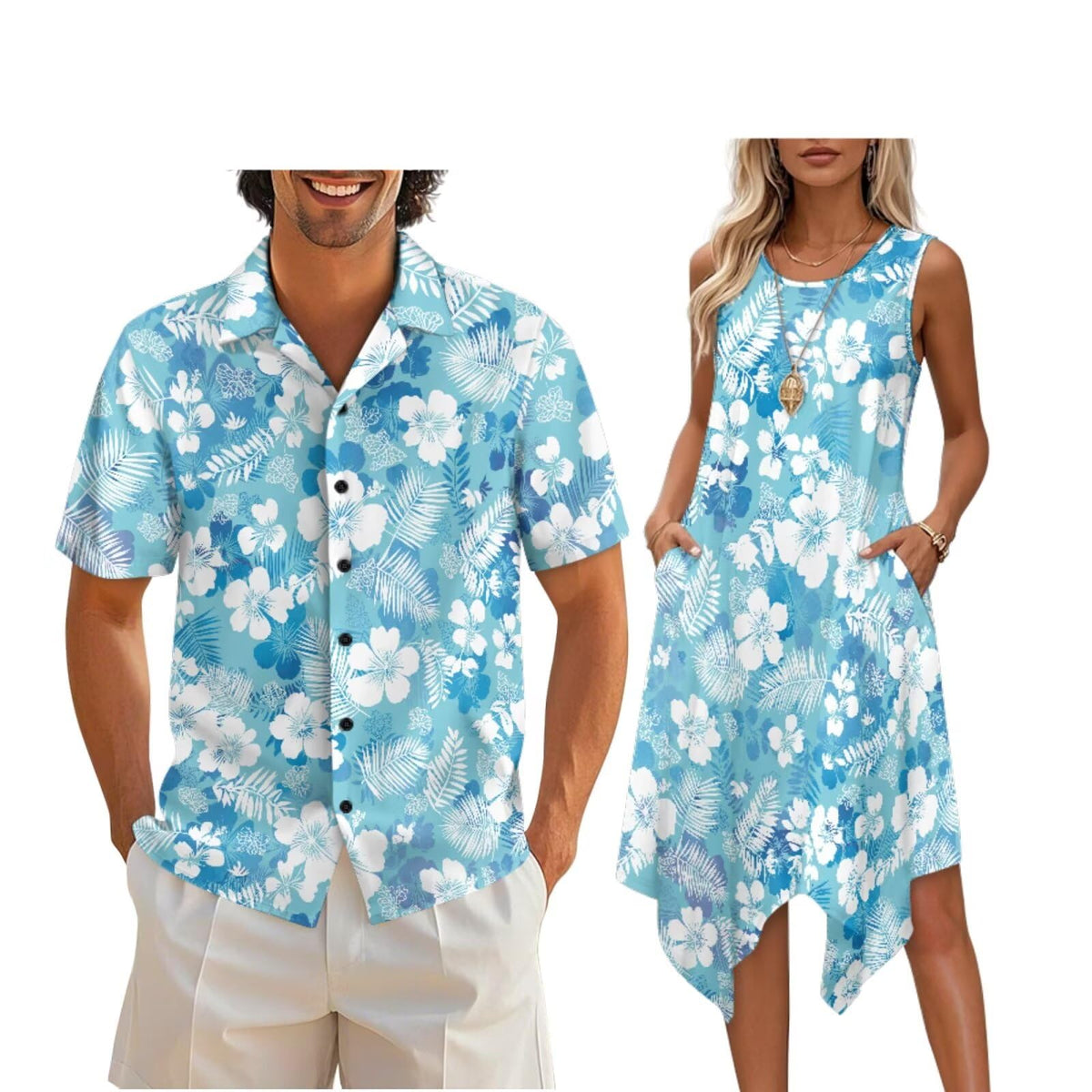 doginthehole Matching Hawaiian Outfits for Couples Men's Button Down Shirt Sleeveless Sundresses Summer Dress for Women