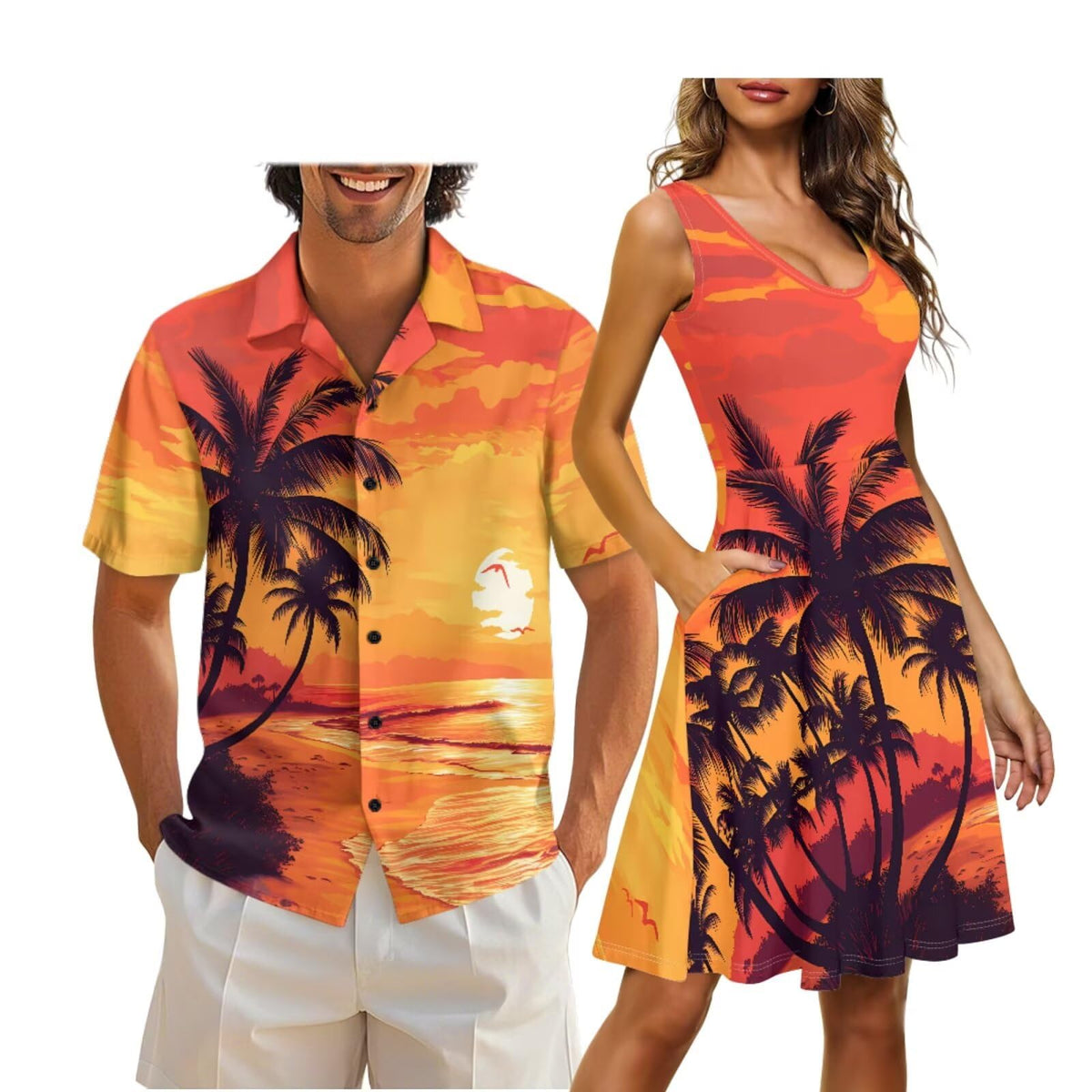 Cozeyat Matching Hawaiian Outfits for Couples Mens Button Up Polos Shirt and Women Sleeveless Sundress with Pockets