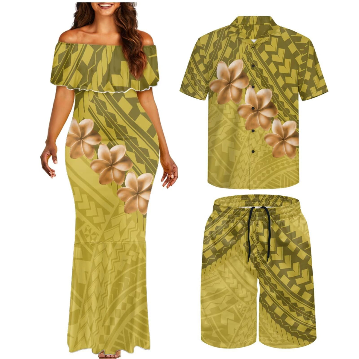Matchable Couple Hawaiian Polynesian Puletasi Samoa Womens Dress with Mens Shirt and Mens Shorts Couple Set
