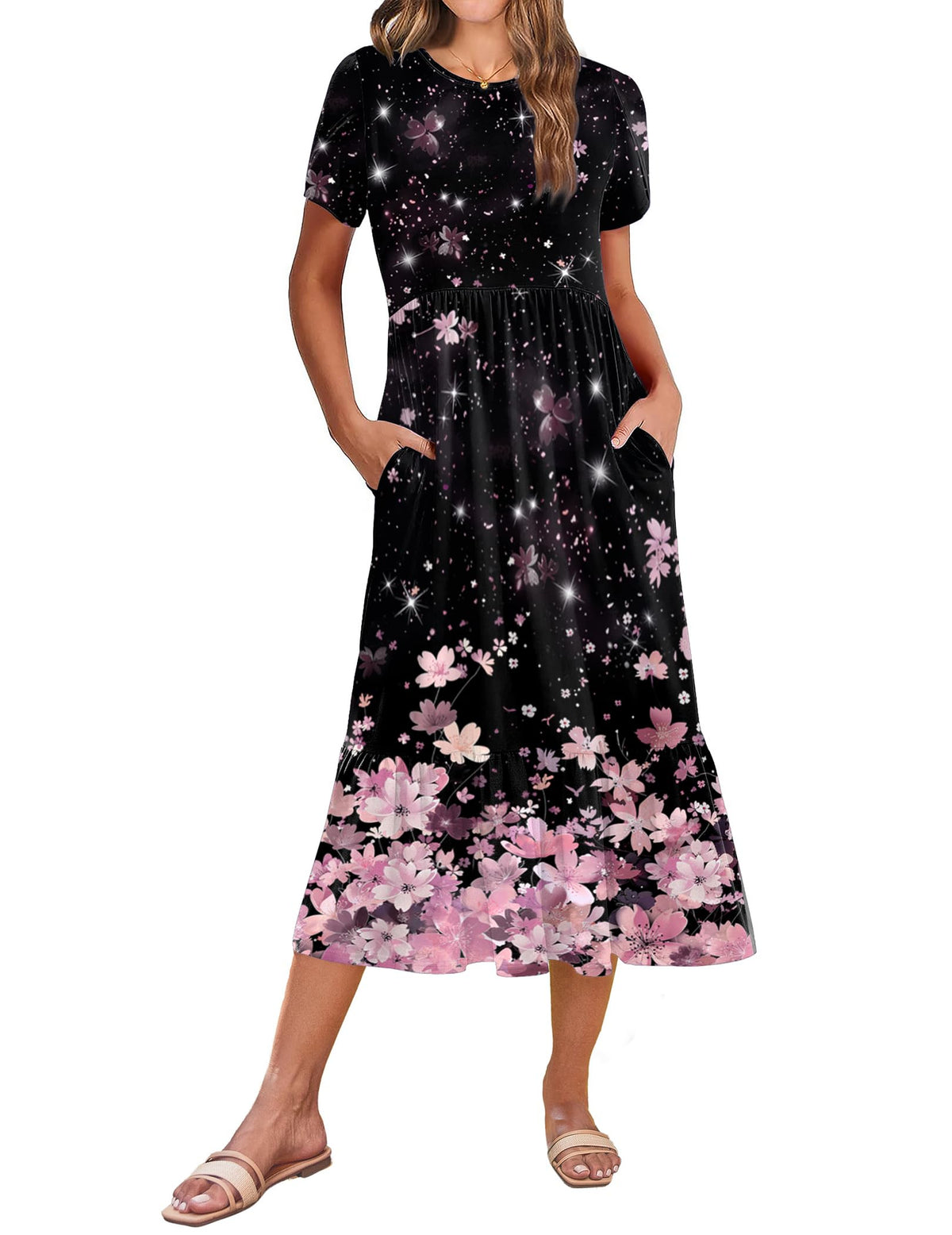 Zeagoo Women Summer Midi A Line Dress Short Sleeve Casual Flowy Tiered Beach Long Sundress with Pockets 2026 Vacation Travel