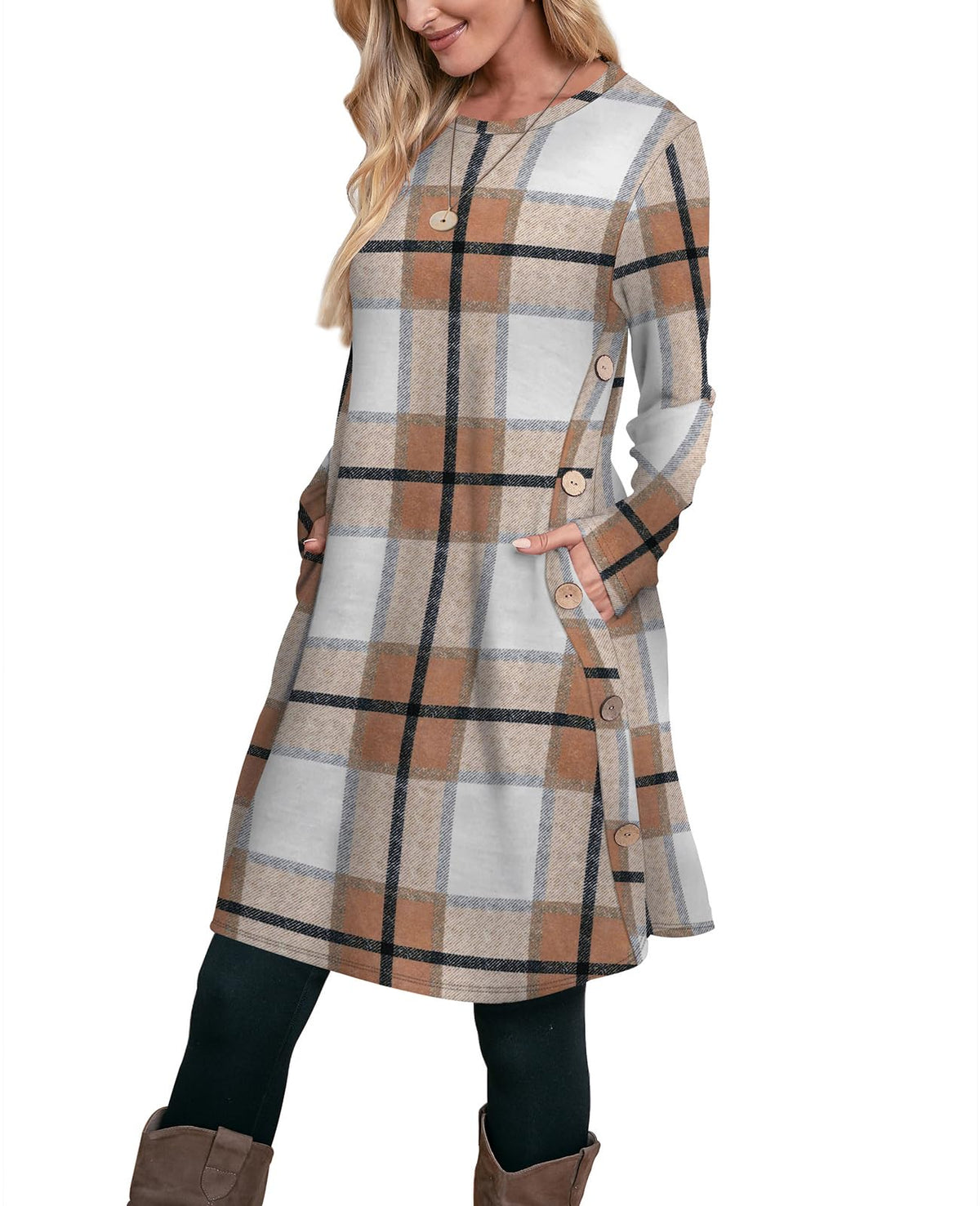 OFEEFAN Fall Dresses for Women 2026 Crew Neck Long Sleeve Dress with Pockets
