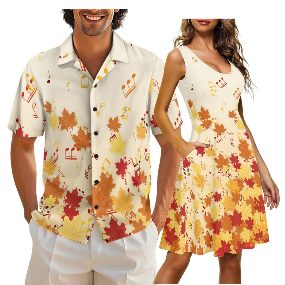 Gomyblomy Matching Hawaiian Outfits for Couples Vacation Tropical Floral Women Dress Mens Shirts His and Hers Clothing