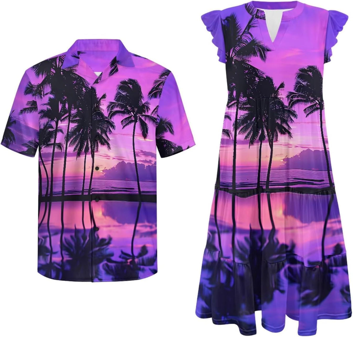 His and Hers Matching Hawaiian Outfits Mens Button Down Shirt Flowy Tiered Midi Dress