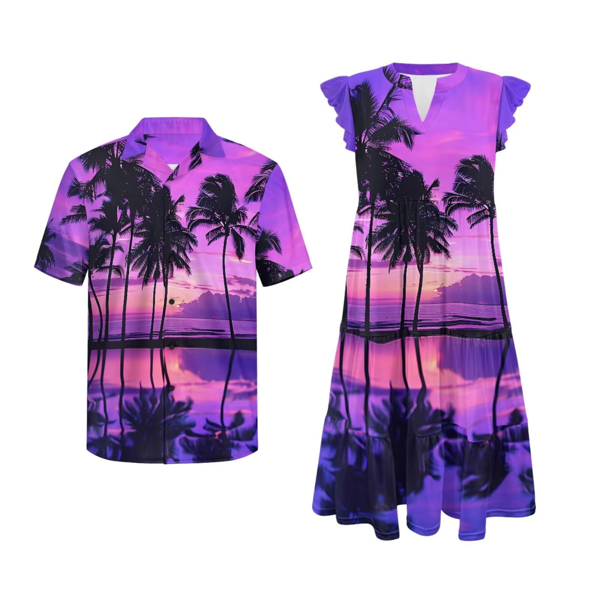 His and Hers Matching Hawaiian Outfits Mens Button Down Shirt Flowy Tiered Midi Dress