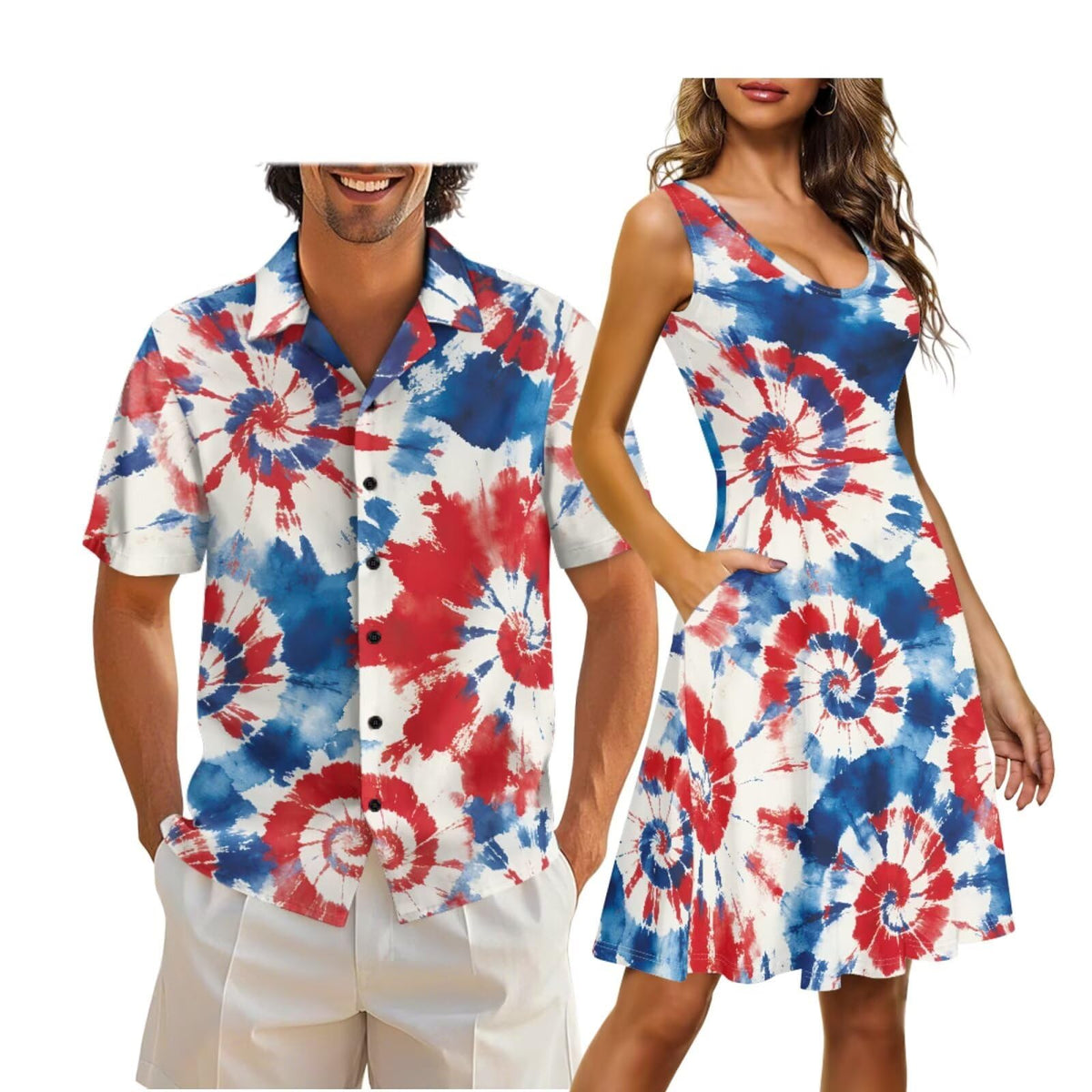 Cozeyat Independence Day Matching Outfits for Couples Mens Short Sleeve Button Down Shirts Womens Sleeveless Dress