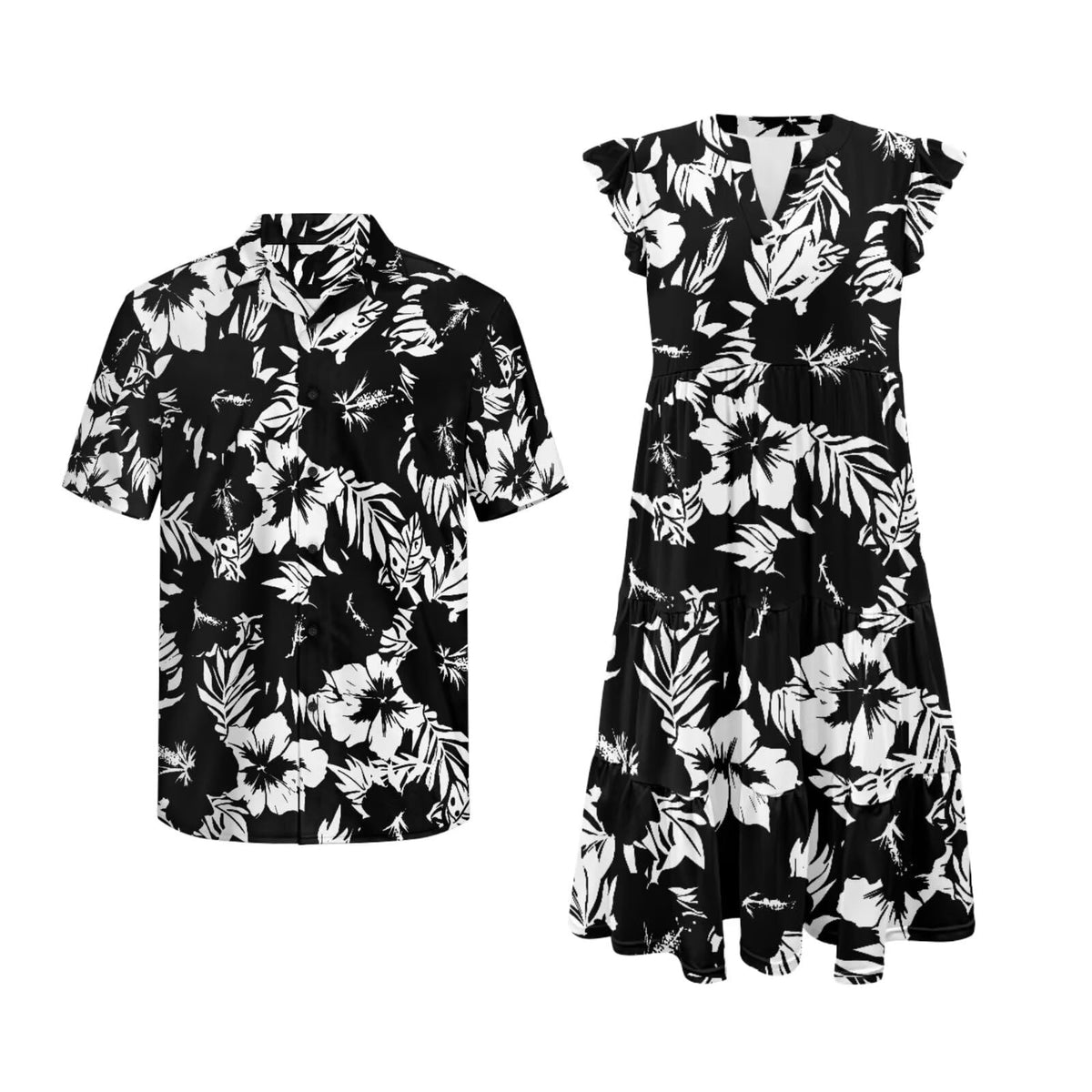 His and Hers Matching Hawaiian Outfits Mens Button Down Shirt Flowy Tiered Midi Dress