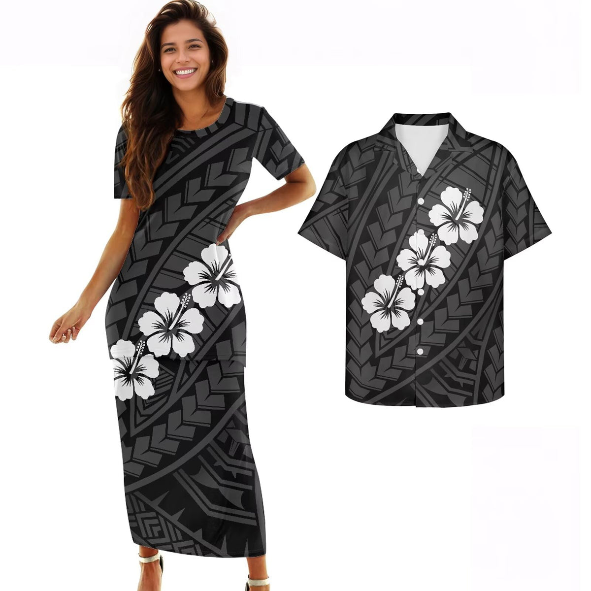 Samoa Couple Outfit Polynesian Dress for Women Traditional Puletasi Shirts for Men Beach Lava Lava Luau