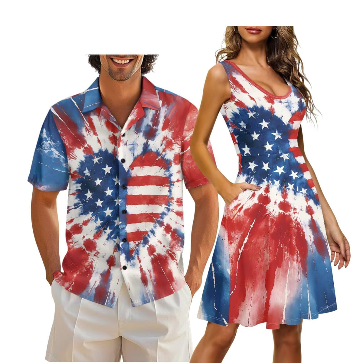 Cozeyat Independence Day Matching Outfits for Couples Mens Short Sleeve Button Down Shirts Womens Sleeveless Dress