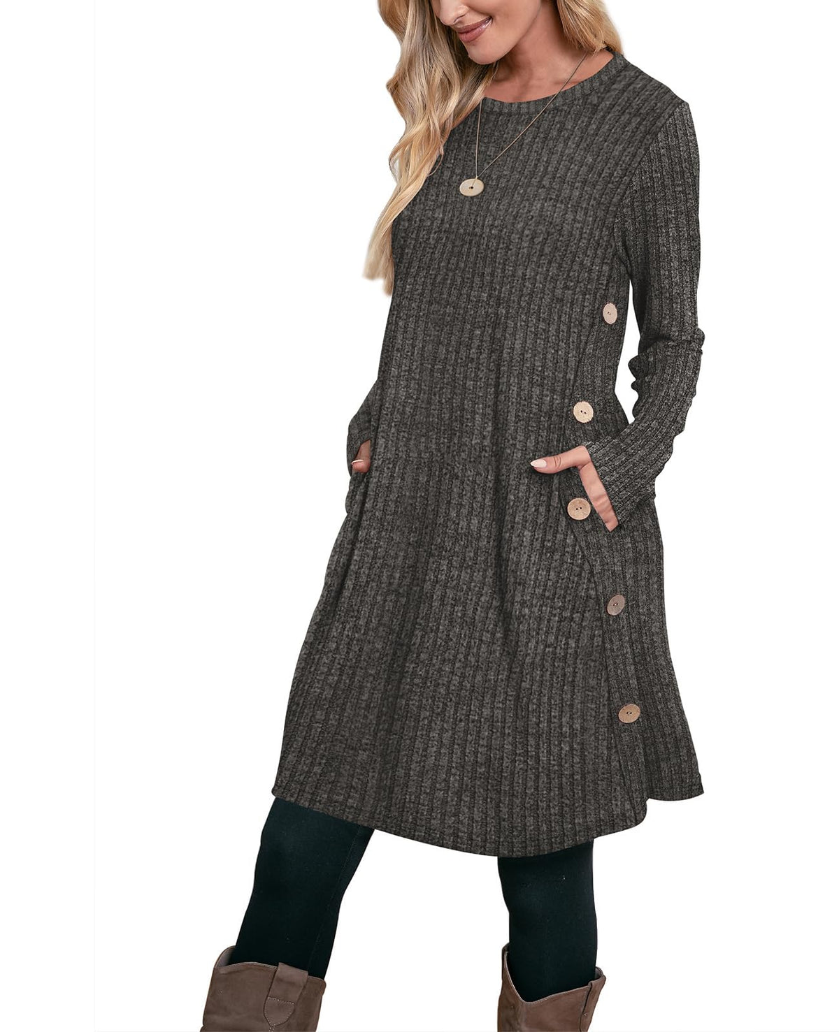 OFEEFAN Fall Dresses for Women 2026 Crew Neck Long Sleeve Dress with Pockets