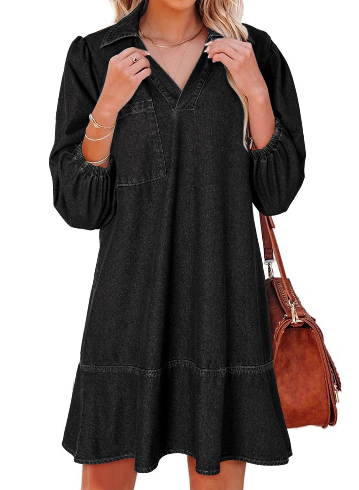 Dokotoo Denim Dress for Women Fall 3/4 Puff Sleeve Babydoll Jean Dress