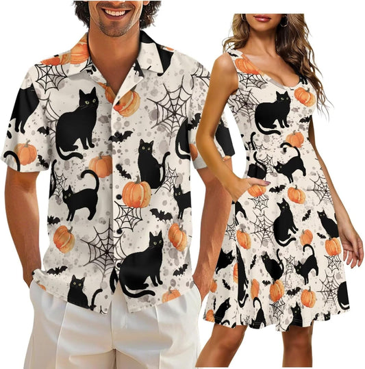 Cozeyat Matching Hawaiian Outfits for Couples Mens Button Up Polos Shirt and Women Sleeveless Sundress with Pockets