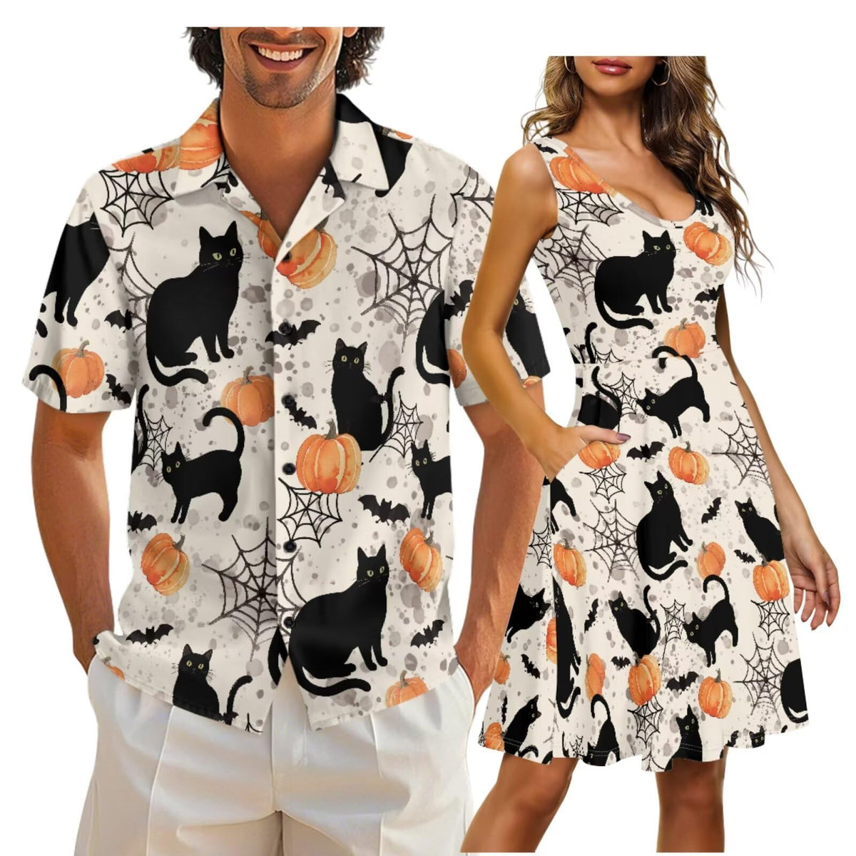 Cozeyat Matching Hawaiian Outfits for Couples Mens Button Up Polos Shirt and Women Sleeveless Sundress with Pockets
