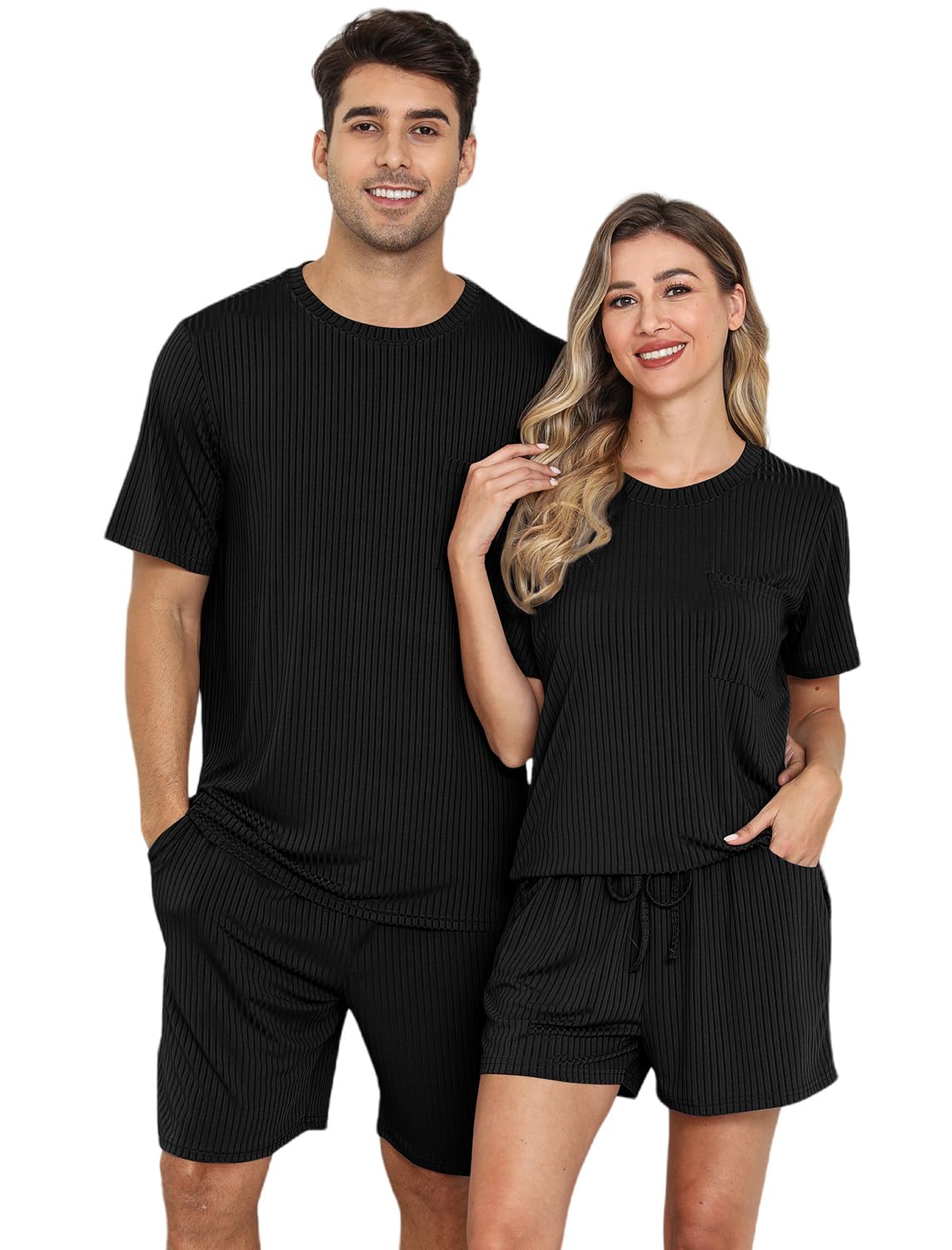 EISHOPEER Matching Pajamas for Couples 2 Piece Lounge Set Ribbed Knit Pajama Matching Tops and Shorts Soft Sleepwear S-XXL